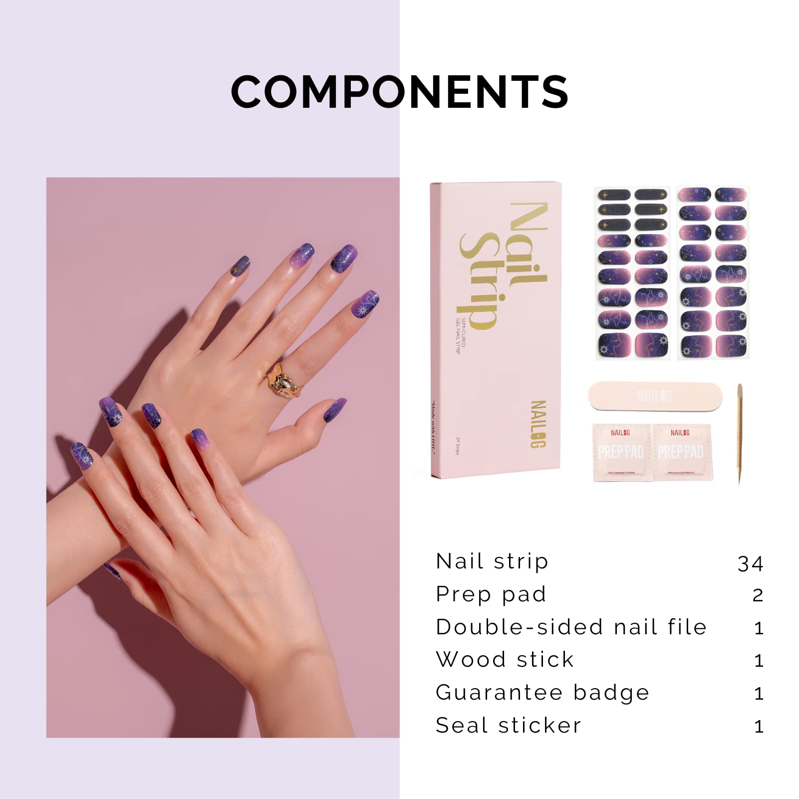 NAILOG layout of 17 strip sizes illustrating customizable fit for every nail