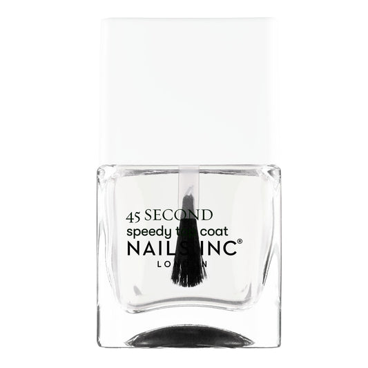 Nails Inc clear top coat bottle front shows glossy finish benefit
