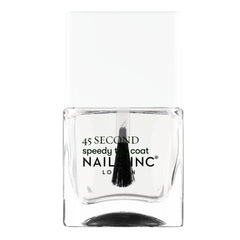 Nails Inc clear top coat bottle front shows glossy finish benefit