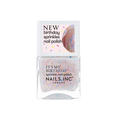 Nails Inc bottle front view showing rainbow sprinkle polish and glossy finish