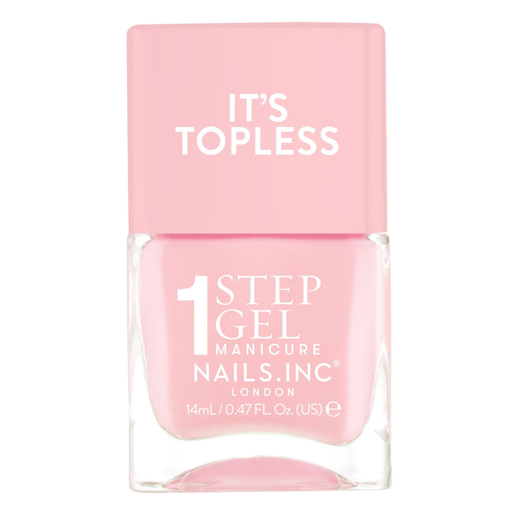 Nails Inc bottle front view showing Sabrina sheer pink and glossy finish benefit