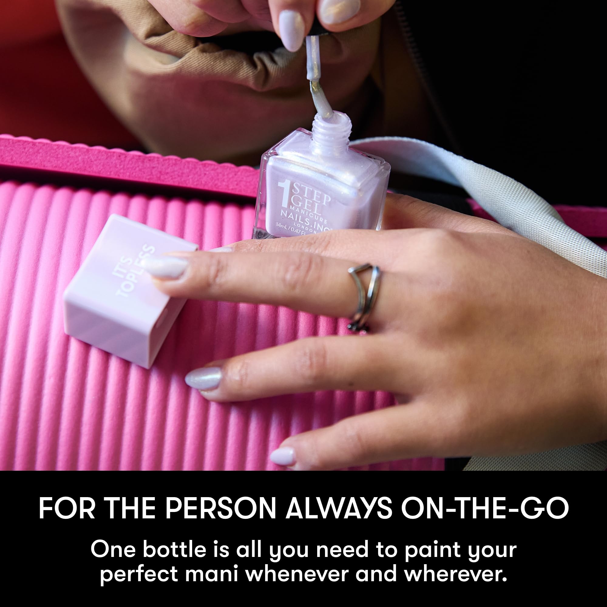 Nails Inc hand model wearing Sabrina showing real-life glossy manicure benefit