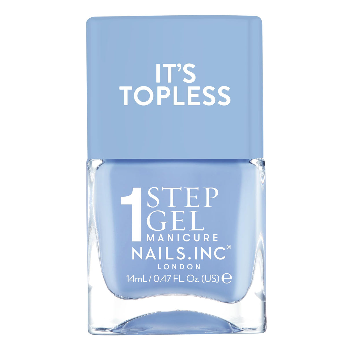 Nails Inc bottle front view showing Kim cornflower shade and glossy benefit