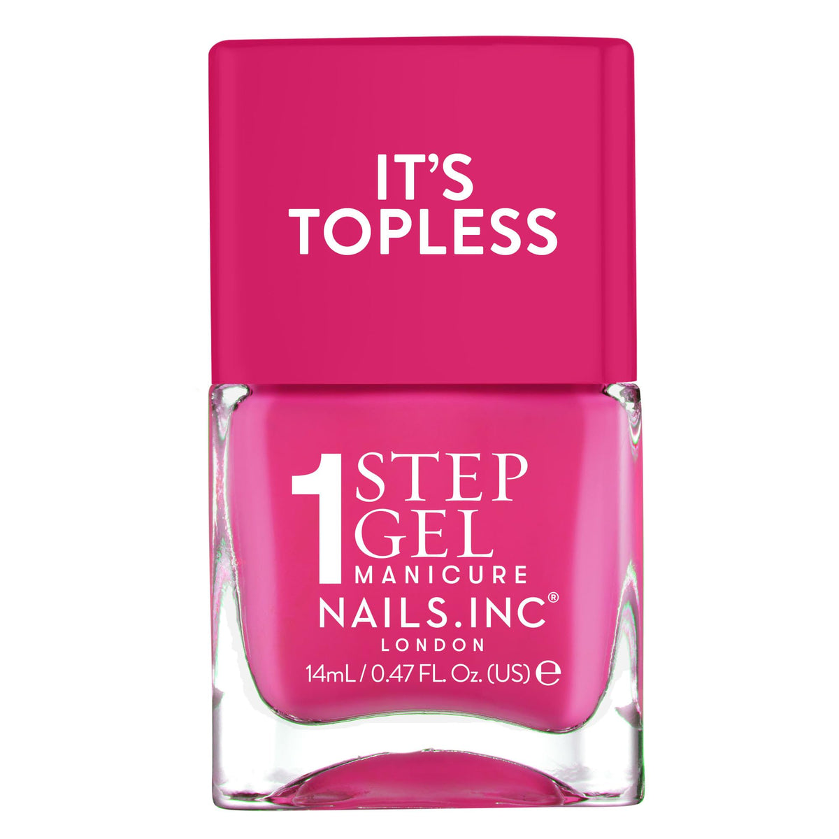 Nails Inc bottle front view showing Olivia hot pink and glossy finish benefits