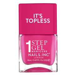 Nails Inc bottle front view showing Olivia hot pink and glossy finish benefits