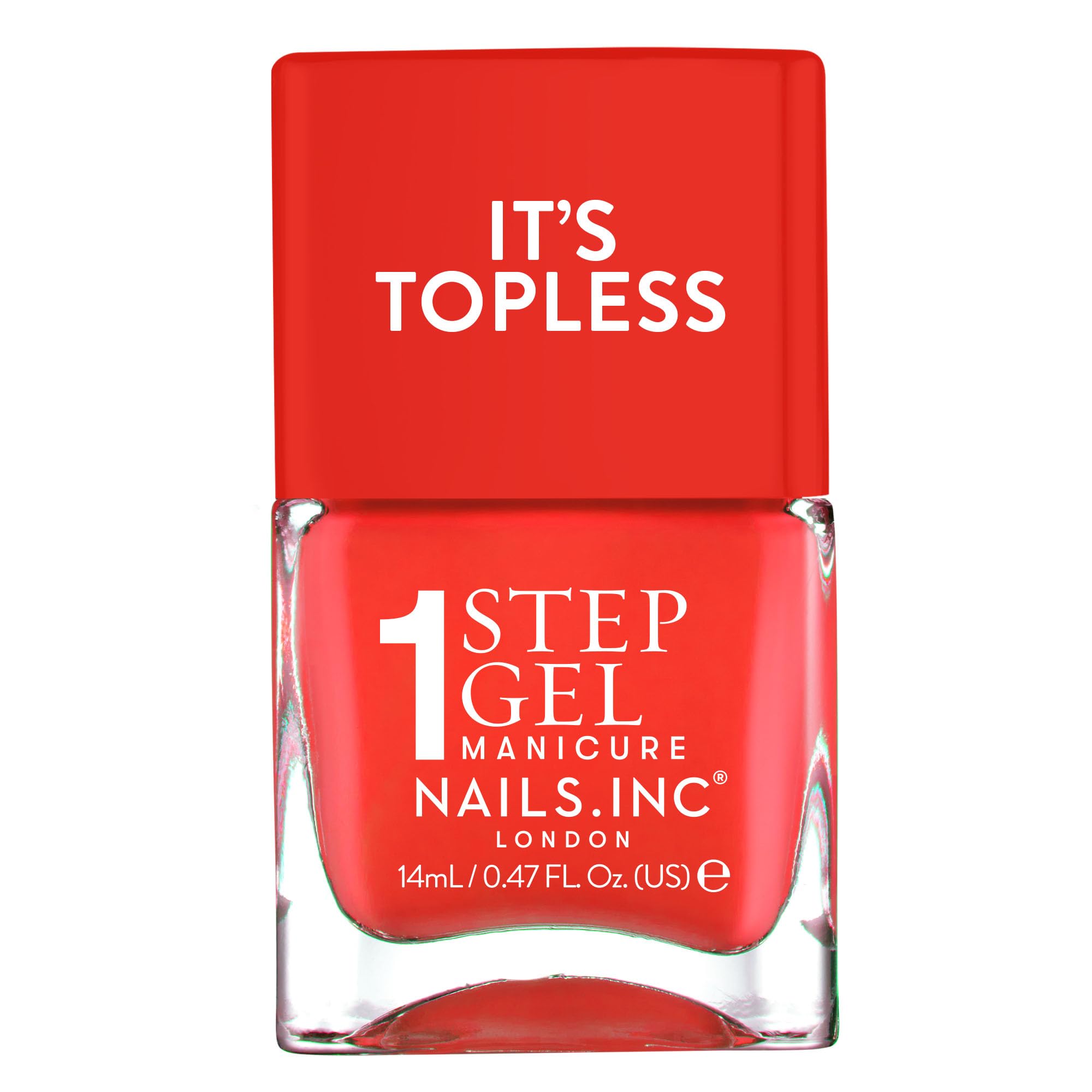 Nails Inc Jennifer front bottle showing coral-red color and glossy finish benefit