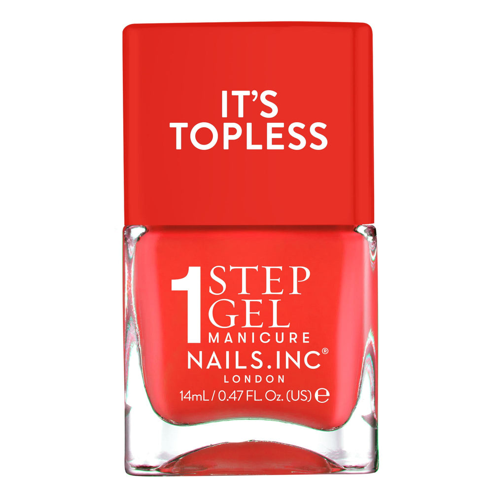Nails Inc Jennifer front bottle showing coral-red color and glossy finish benefit