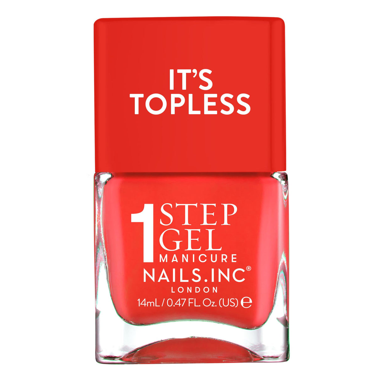 Nails Inc Jennifer front bottle showing coral-red color and glossy finish benefit