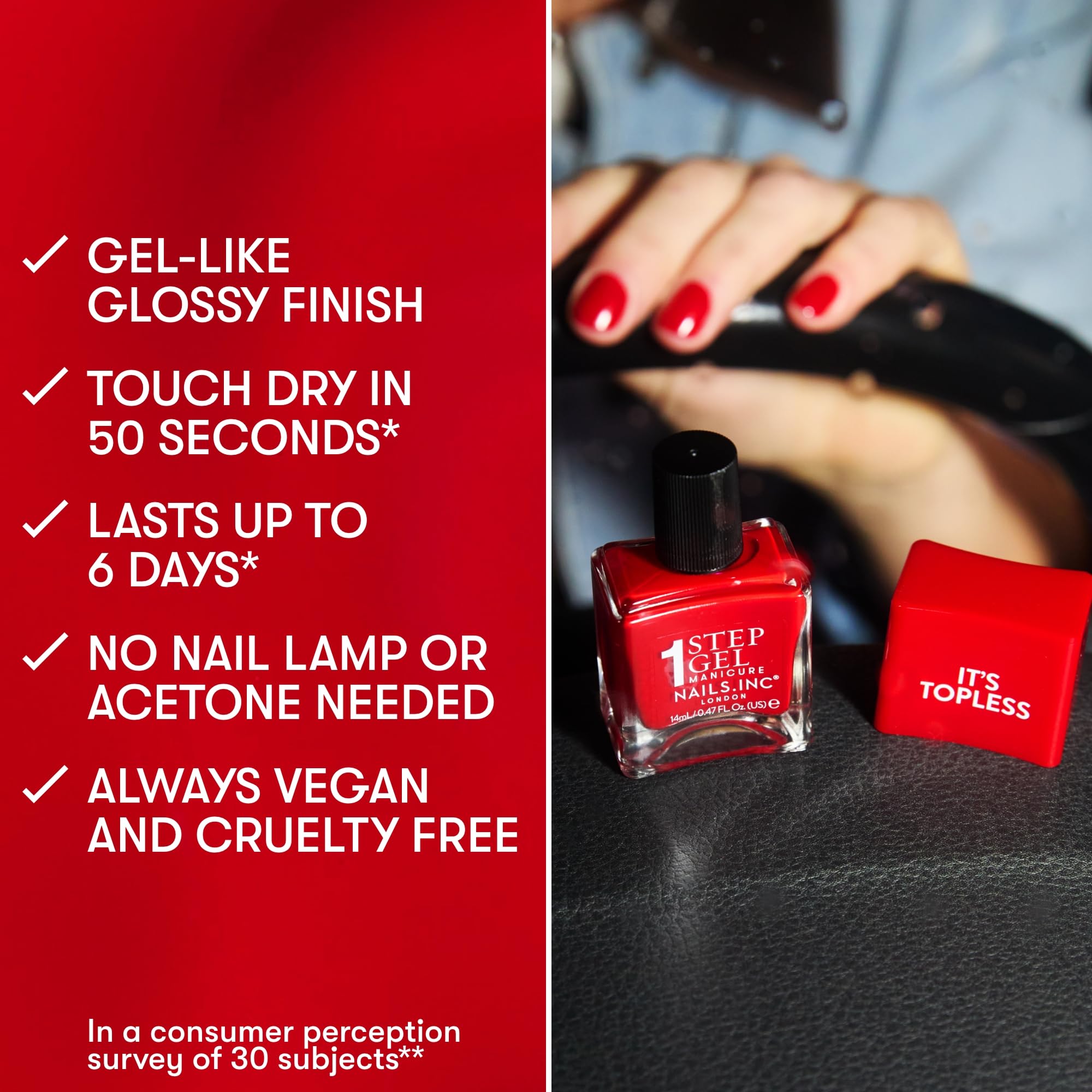 Nails Inc Jennifer swatch on skin demonstrating opaque coral coverage