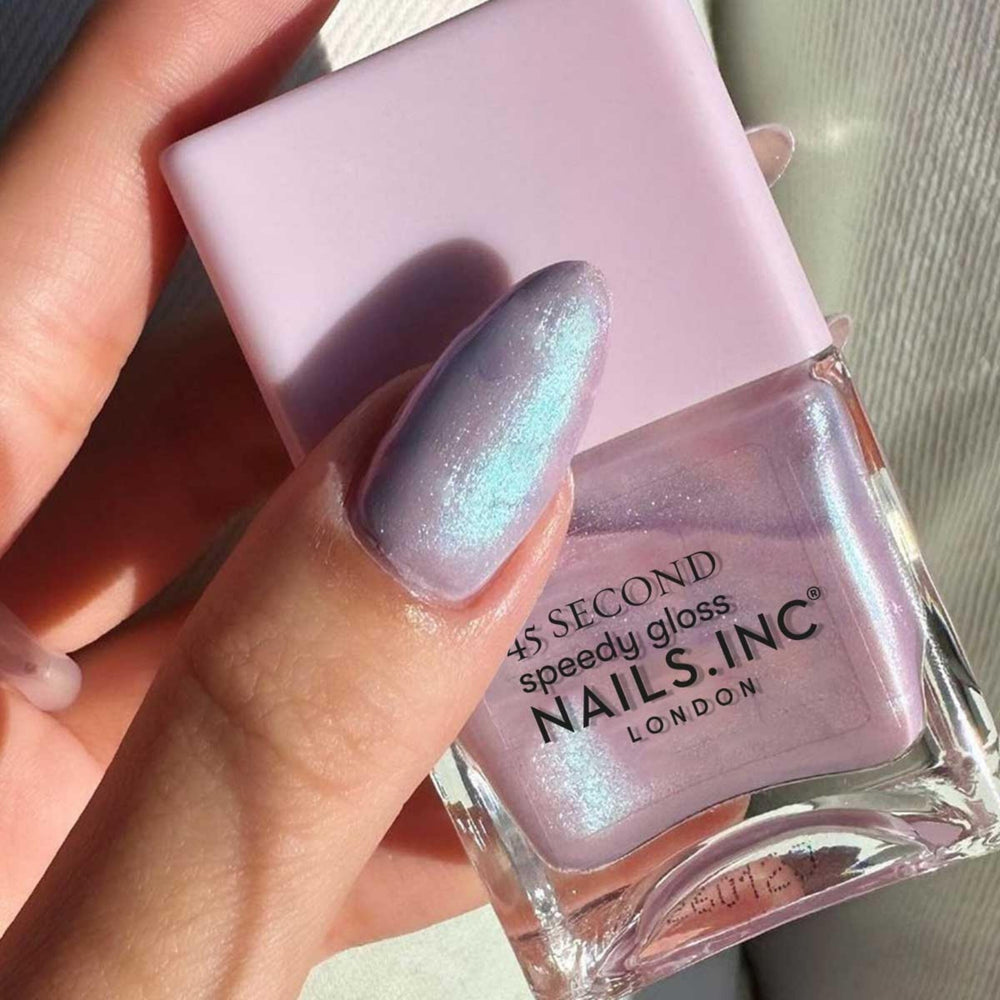 Nails Inc swatch on nail tip showing full coverage and one-coat opacity