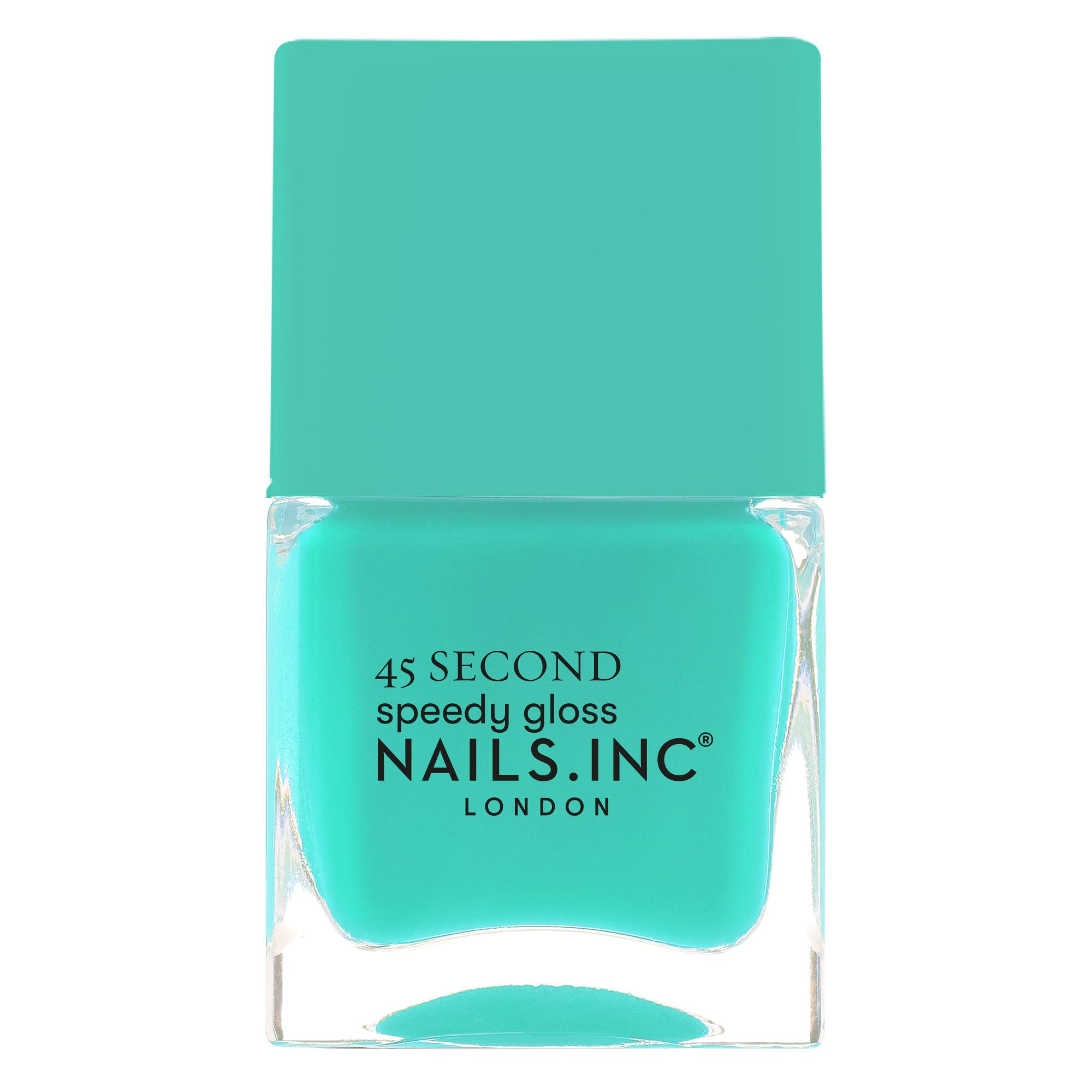 Nails Inc Mila front bottle showing neon teal and glossy finish benefit