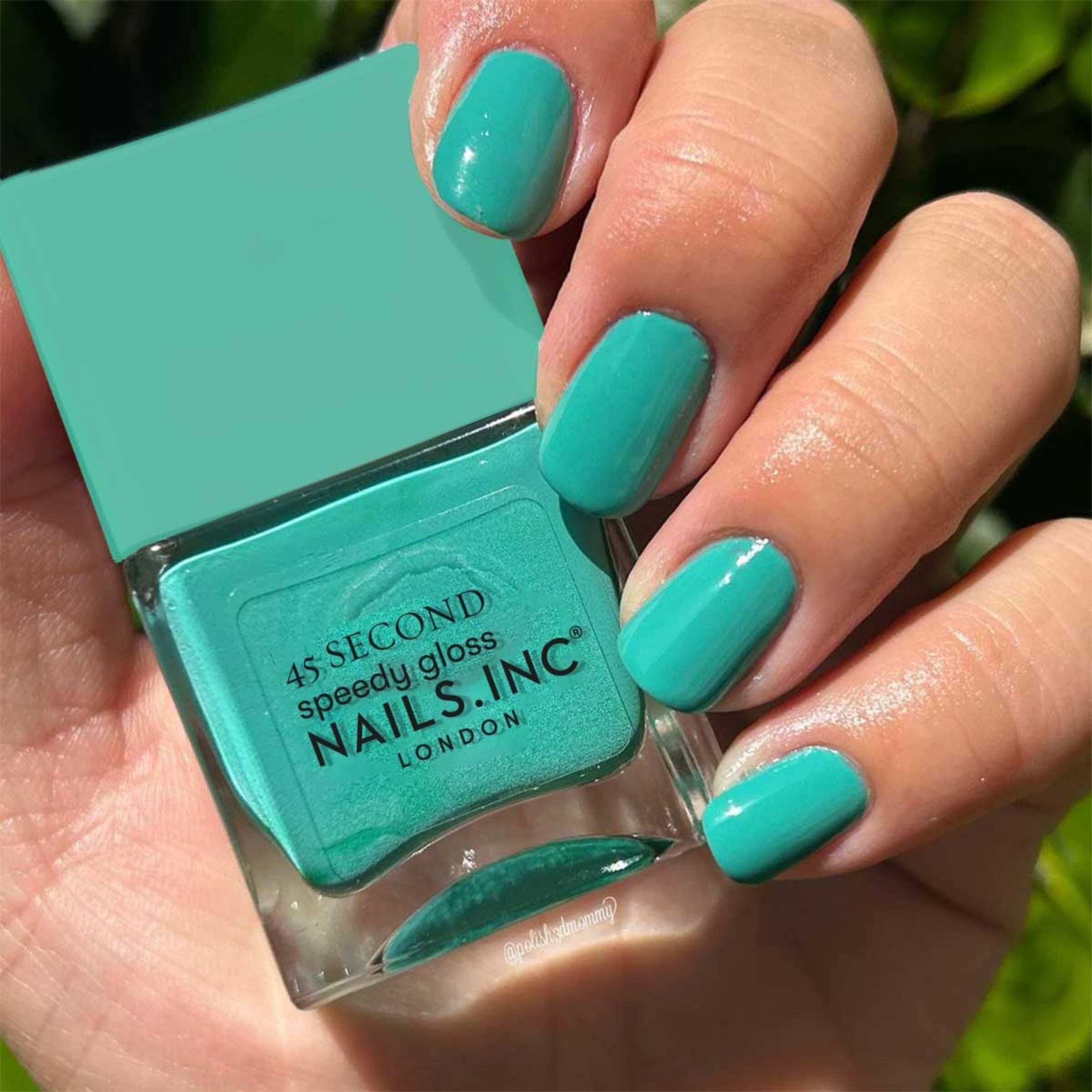Nails Inc Mila swatch on nail wheel showing color payoff and vivid coverage benefit