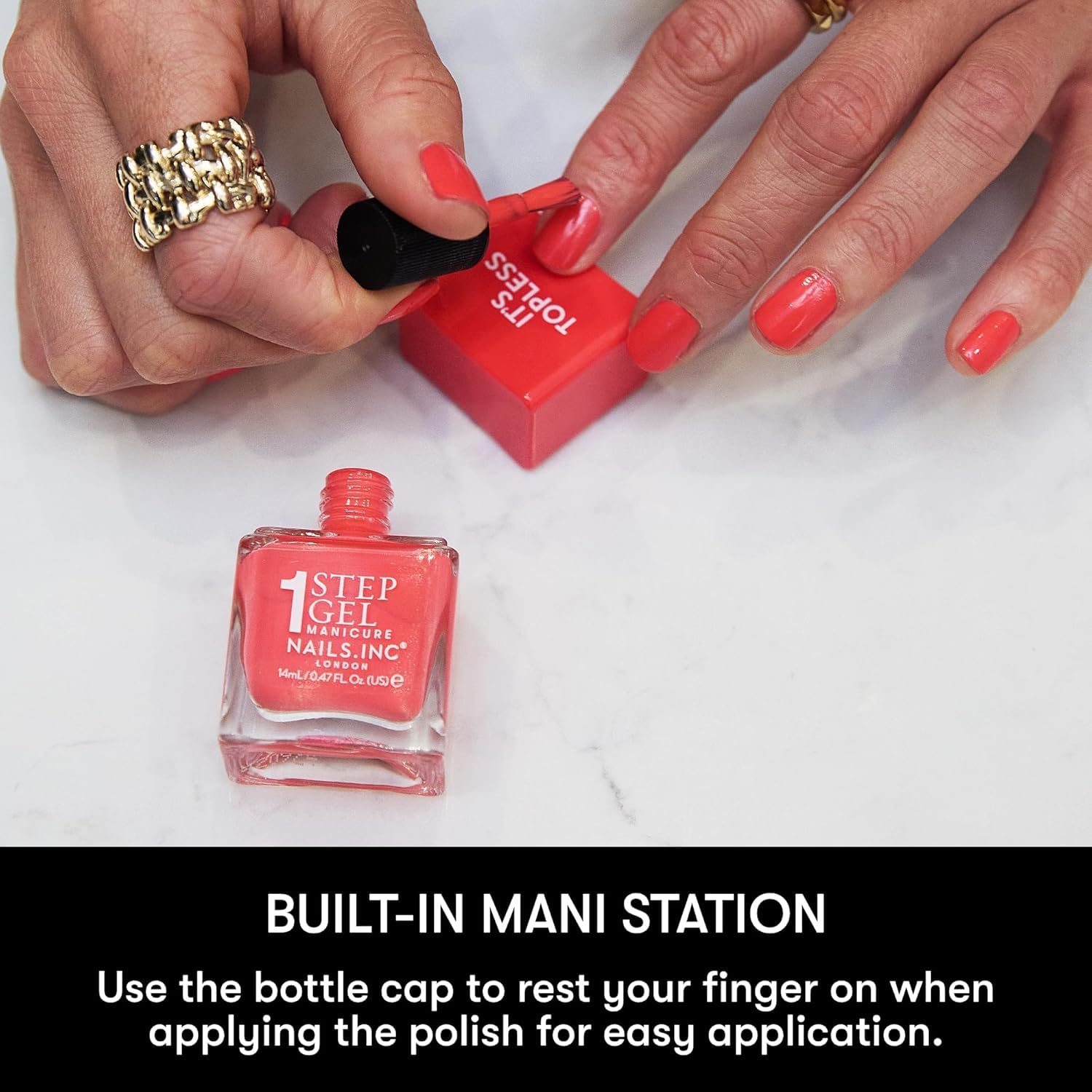 Nails Inc Reese bottle next to coin for size comparison and portability benefit