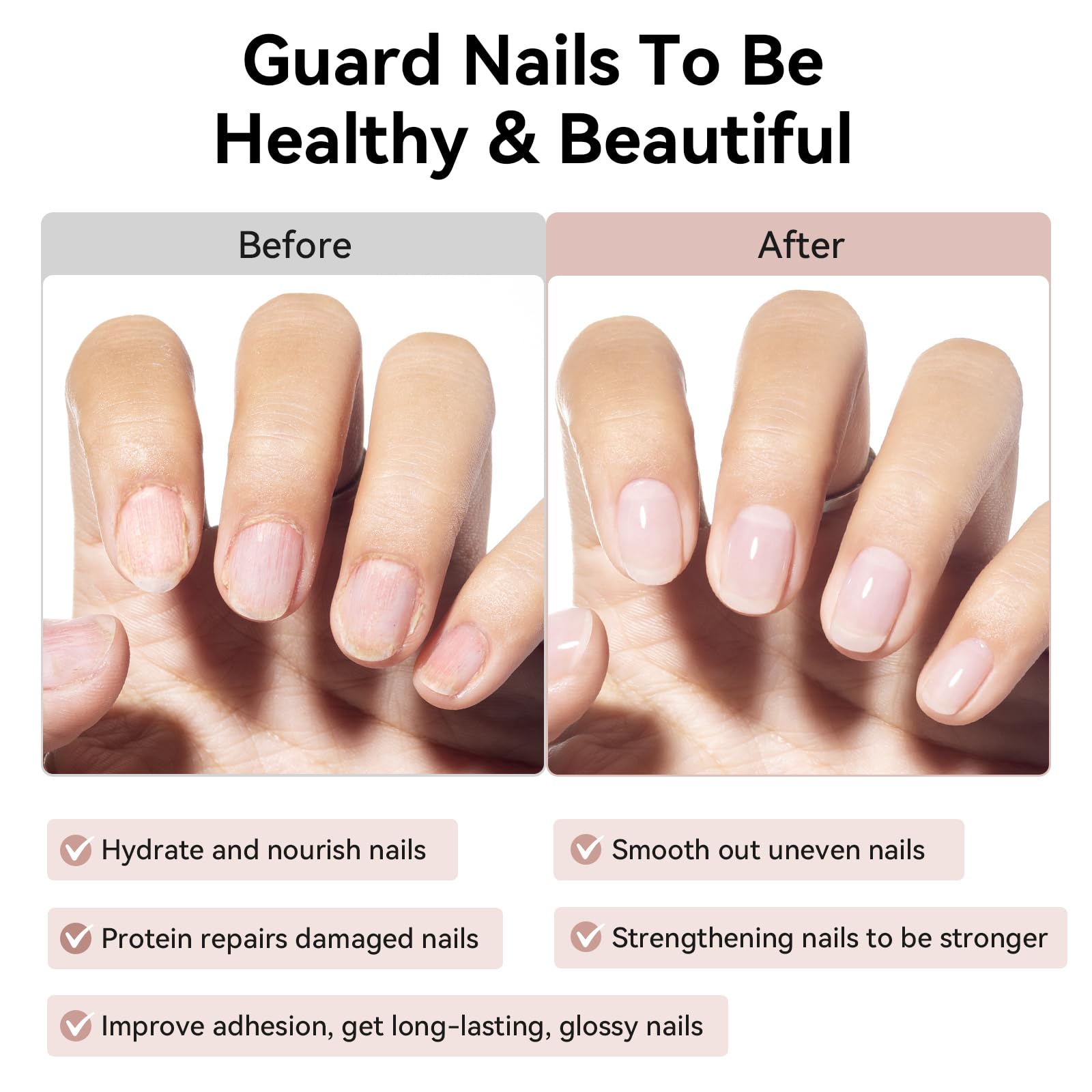 Before and after nails with Nailshion demonstrating reduced ridges and improved polish base