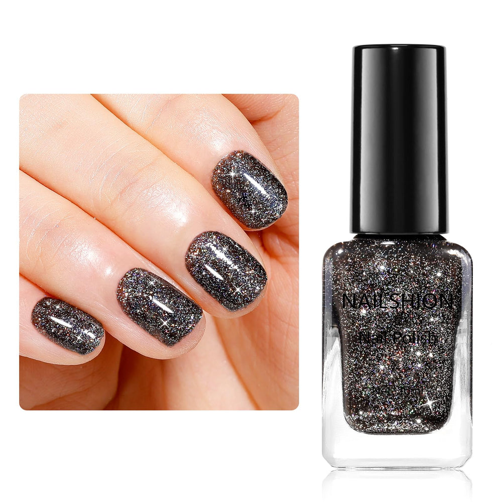 Nailshion bottle front view showing black glitter label and glossy finish