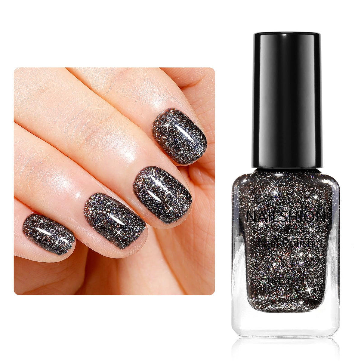 Nailshion bottle front view showing black glitter label and glossy finish