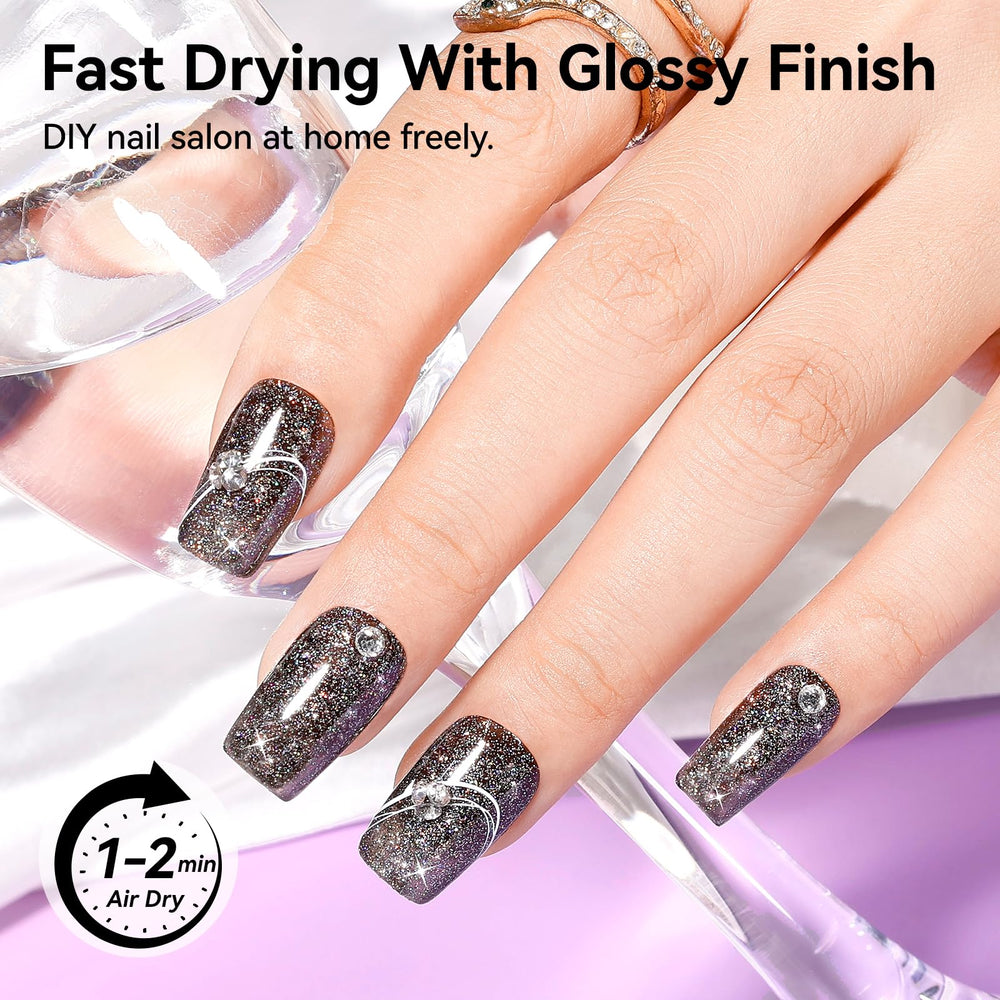 Swatch on fingernails showing Nailshion glitter sparkle and high shine