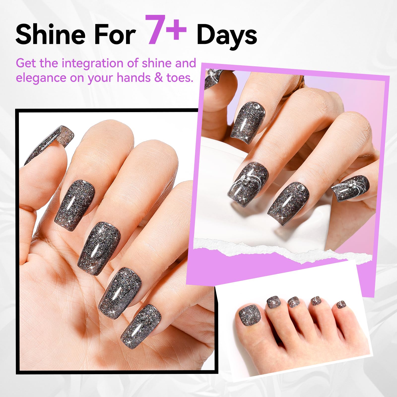 Pedicure swatch on toenails displaying Nailshion sparkle and long wear