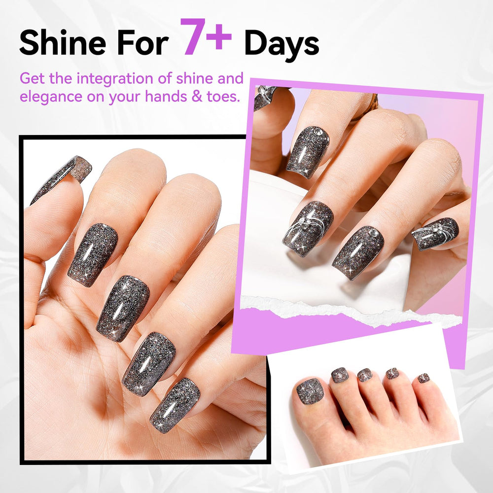 Pedicure swatch on toenails displaying Nailshion sparkle and long wear