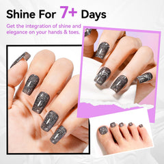 Pedicure swatch on toenails displaying Nailshion sparkle and long wear