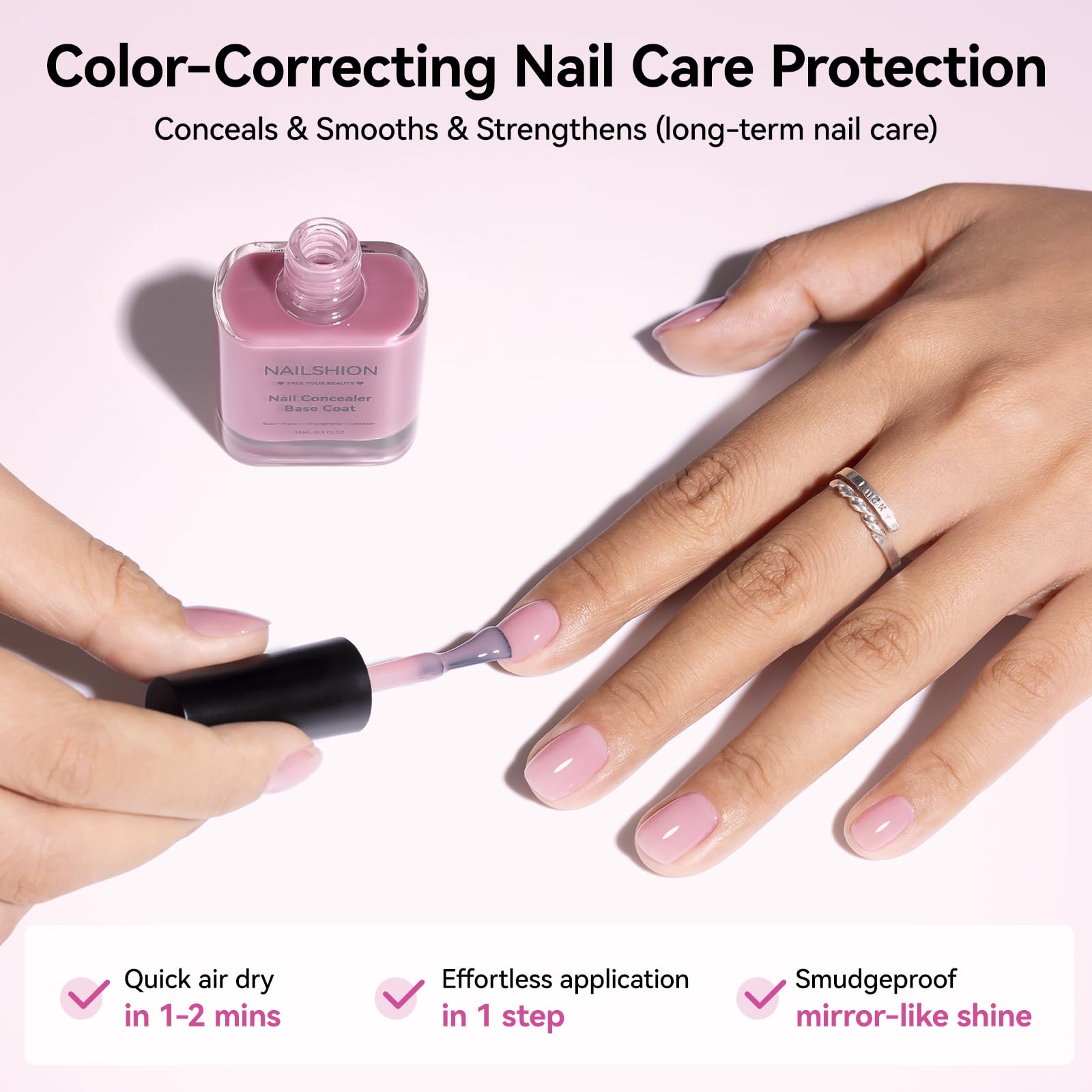 Nailshion bottle beside a coin showing compact 15ml size benefit