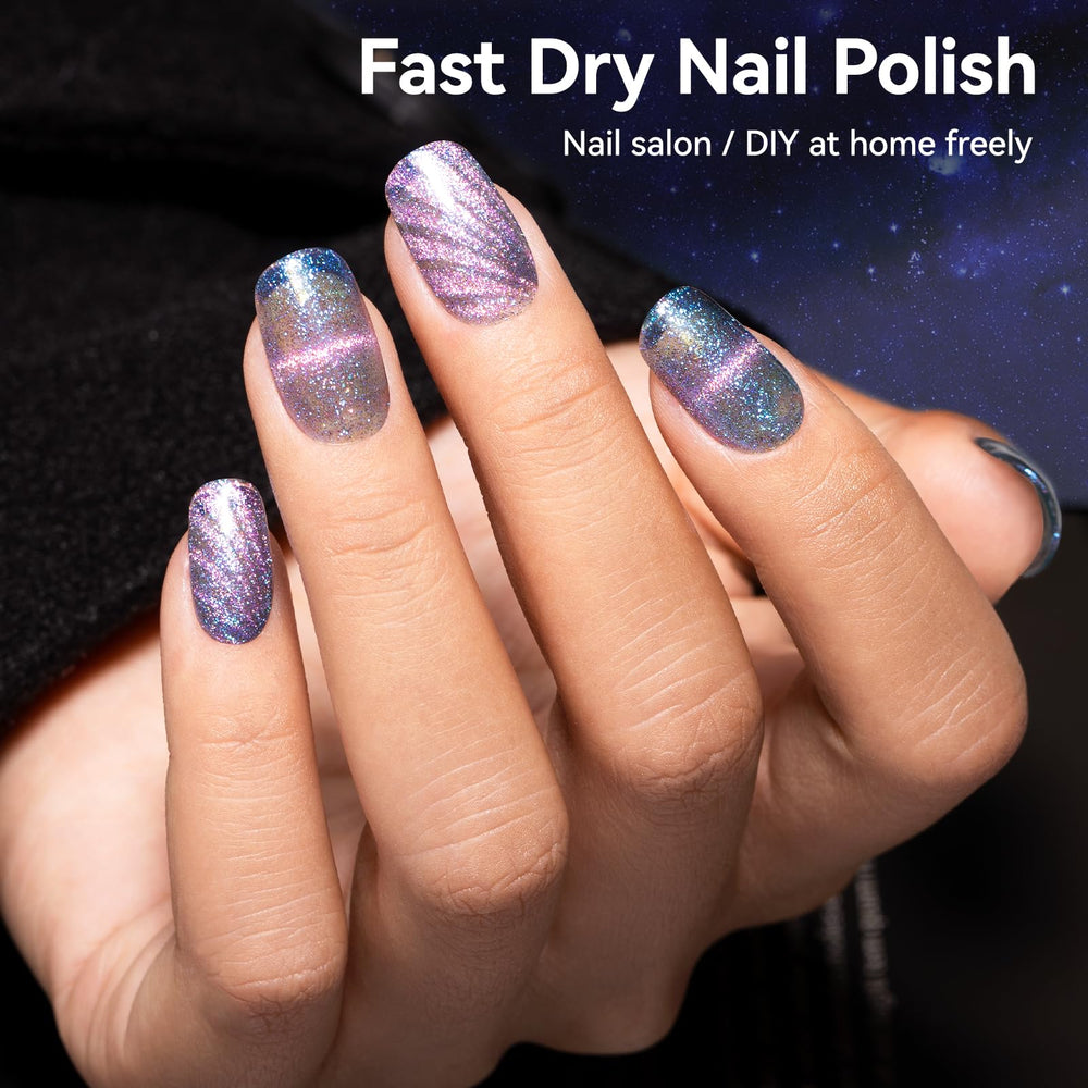 Nailshion close-up of cat-eye finish showing multidimensional galaxy shimmer