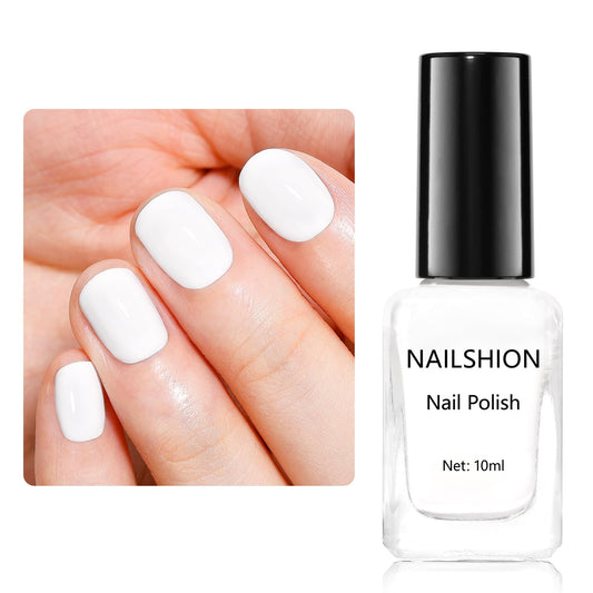 Nailshion front bottle showing snowy white polish and glossy finish benefit