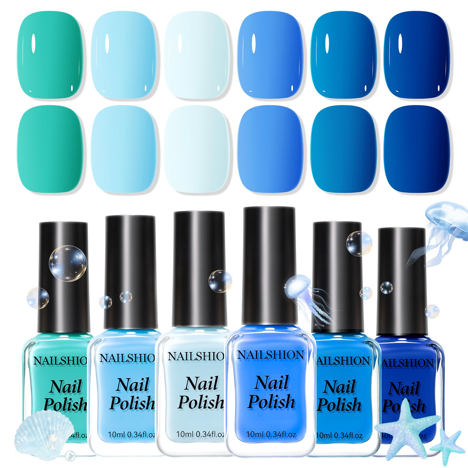 Nailshion front packaging showing six blue polishes, easy gifting and storage