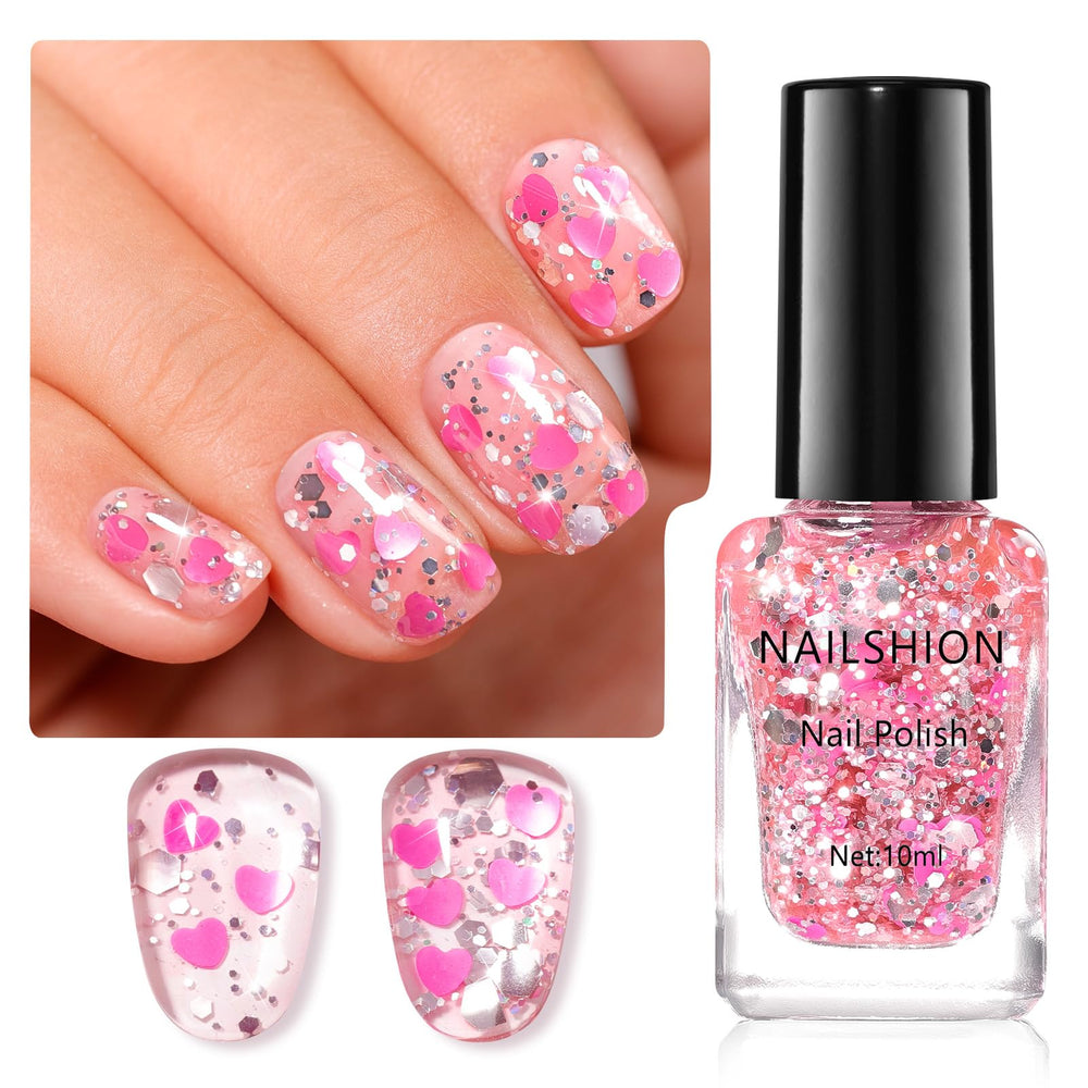 Nailshion front packaging showing hot pink heart confetti and bottle design benefits quick application