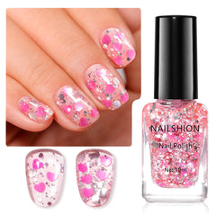 Nailshion front packaging showing hot pink heart confetti and bottle design benefits quick application