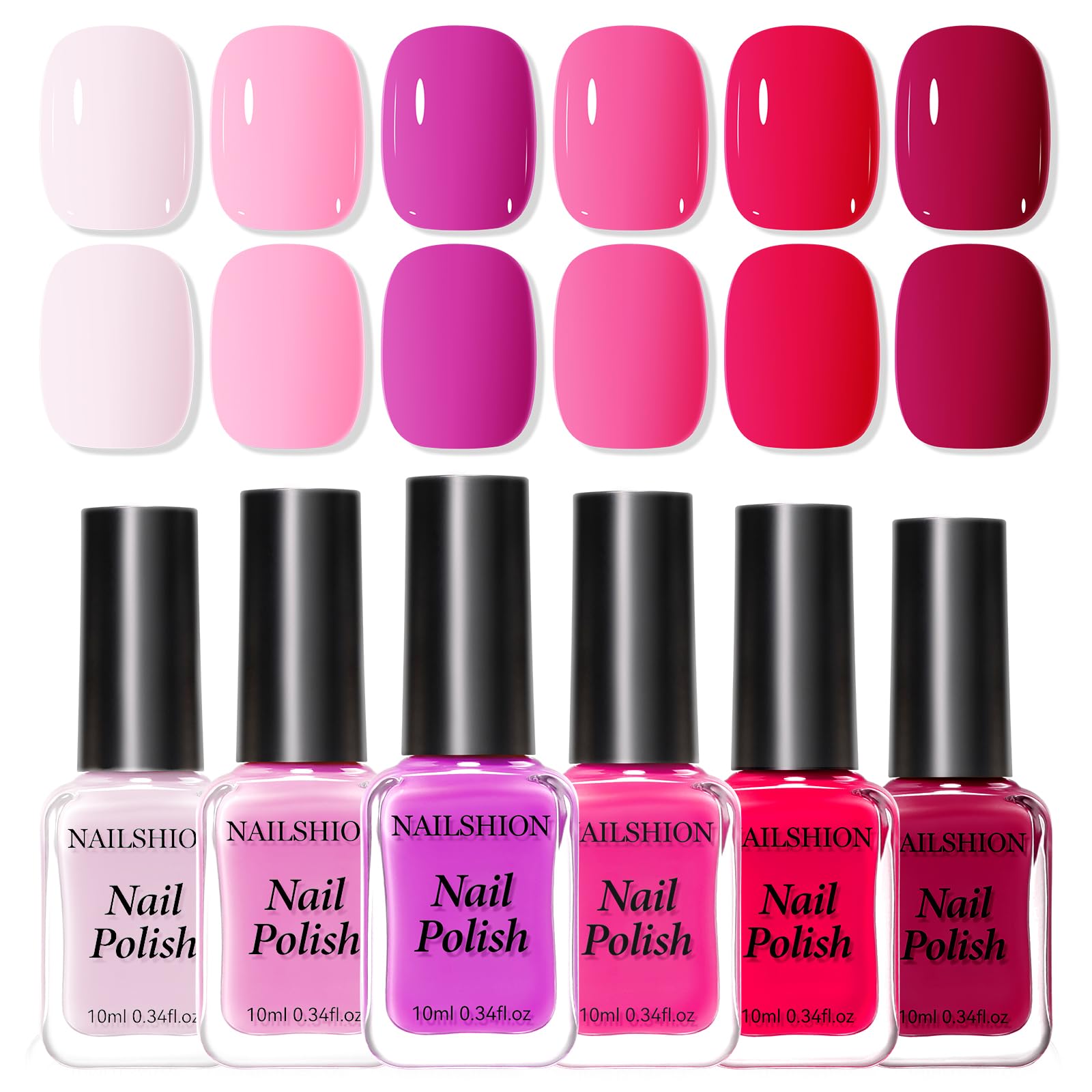 Nailshion front packaging showing six pink bottles, clear gift-worthy presentation