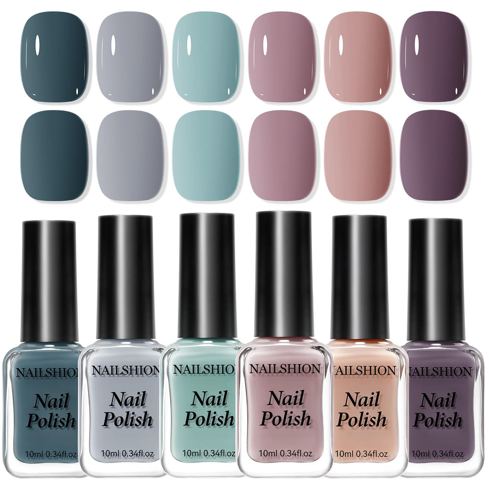 Nailshion front packaging showing six neutral grey shades and neat display