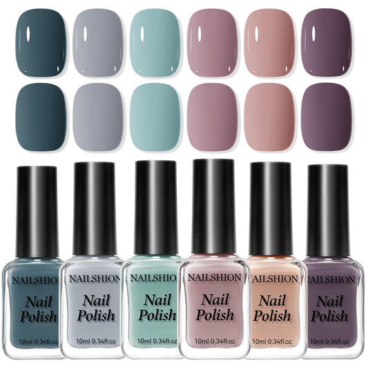 Nailshion front packaging showing six neutral grey shades and neat display