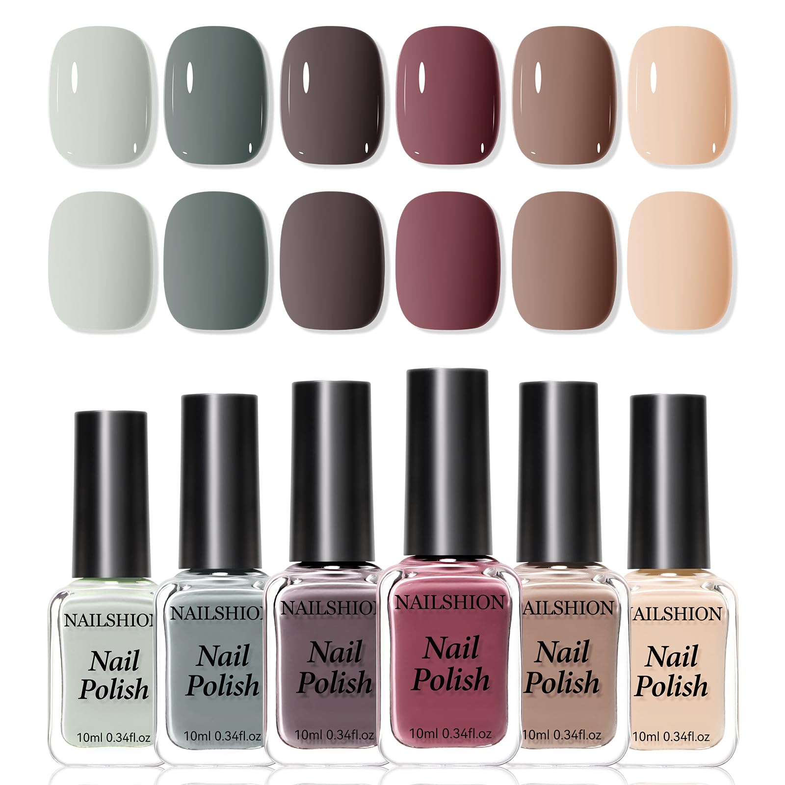 Nailshion front packaging showing six neutral polish bottles and branding