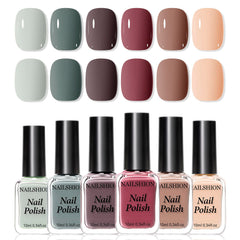 Nailshion front packaging showing six neutral polish bottles and branding