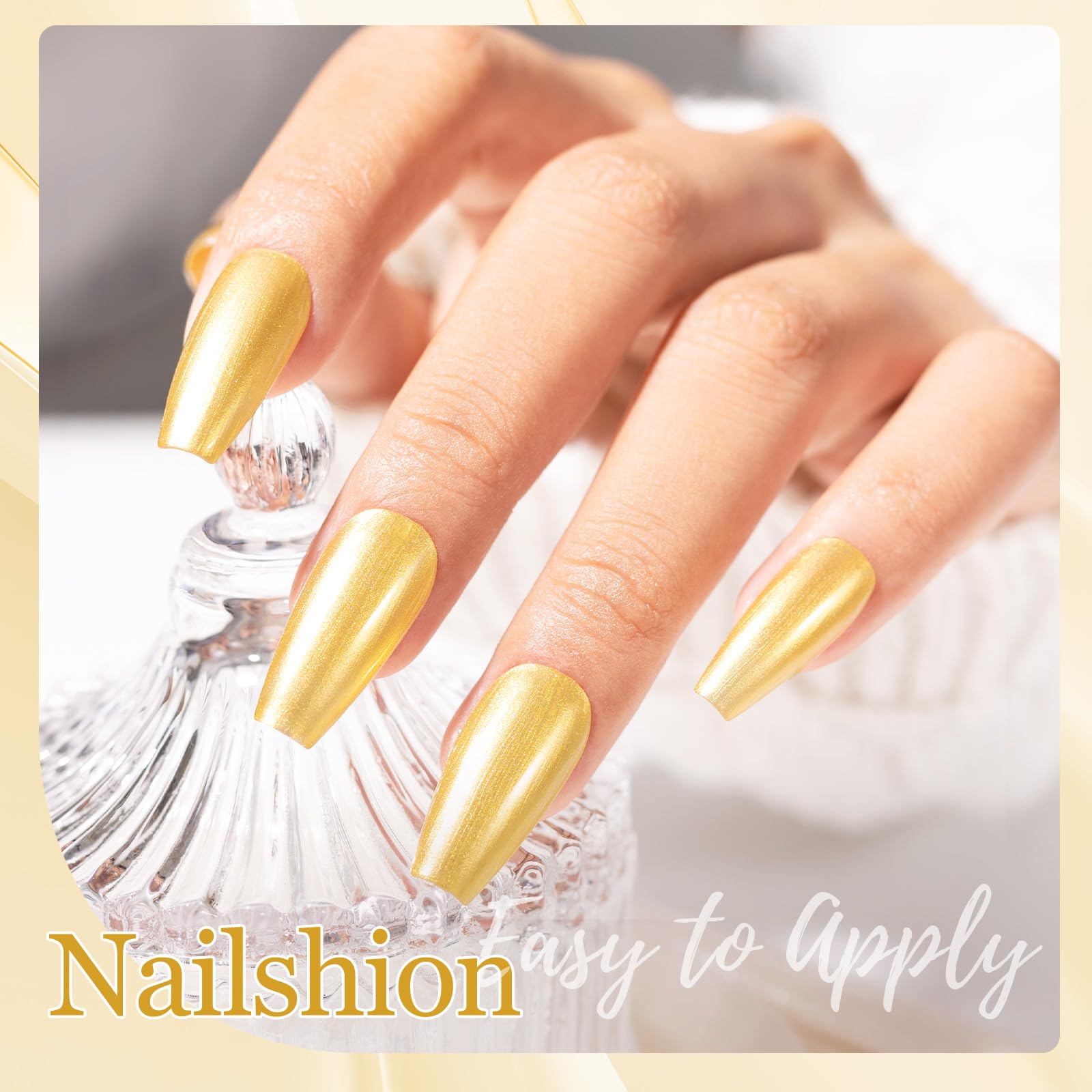 Nailshion gold polish brushstroke on nail tip showing opaque metallic payoff