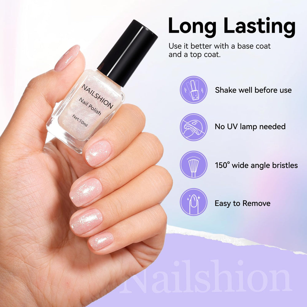 hand wearing nailshion sparkle pearl highlighting long-lasting glossy look