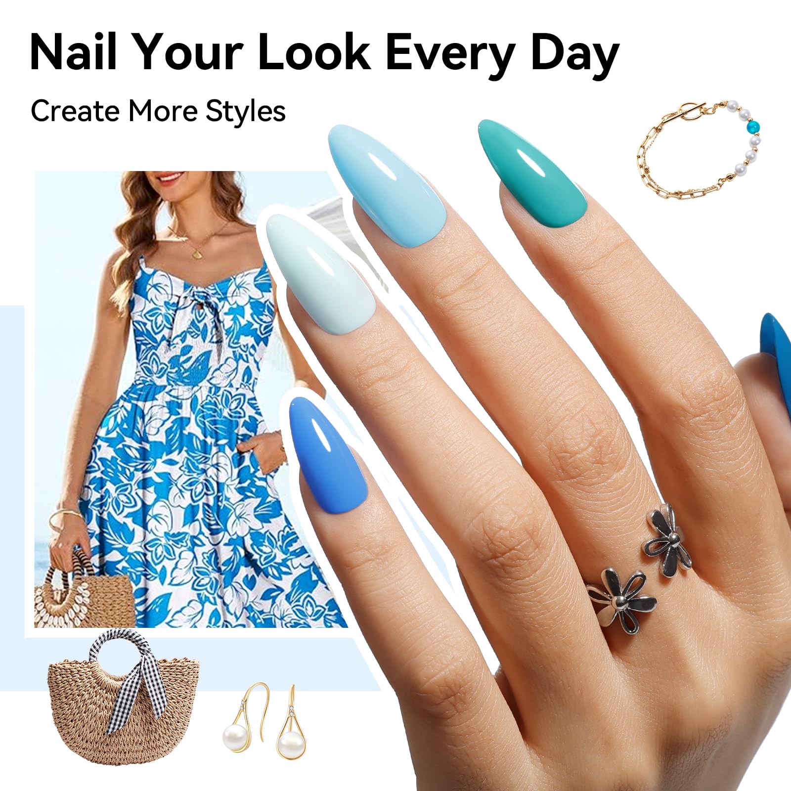 Nailshion on a hand model wearing sky blue for everyday glossy look