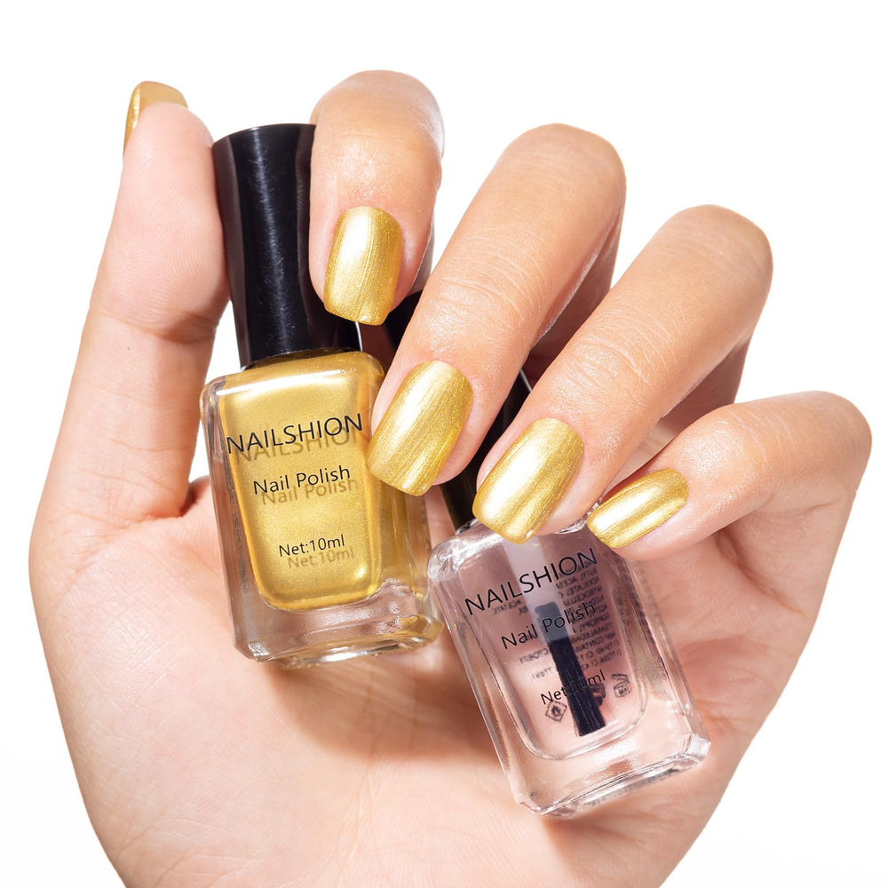 Nailshion front packaging showing gold polish and clear strengthener for salon results