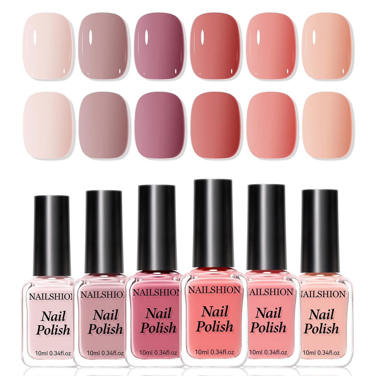 Nailshion front packaging showing six nude bottles and gift-ready presentation benefit