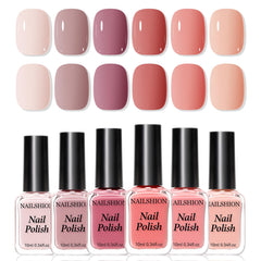 Nailshion front packaging showing six nude bottles and gift-ready presentation benefit