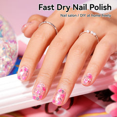Nailshion on-nail swatch showing opaque confetti coverage and vibrant hot-pink effect