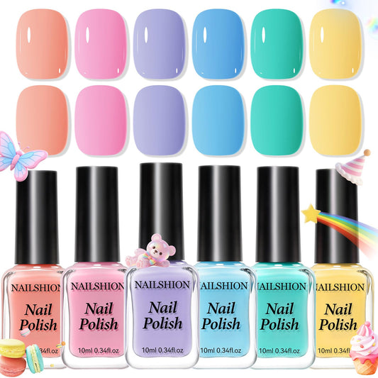 Nailshion front packaging showing six pastel bottles and quick-dry benefit