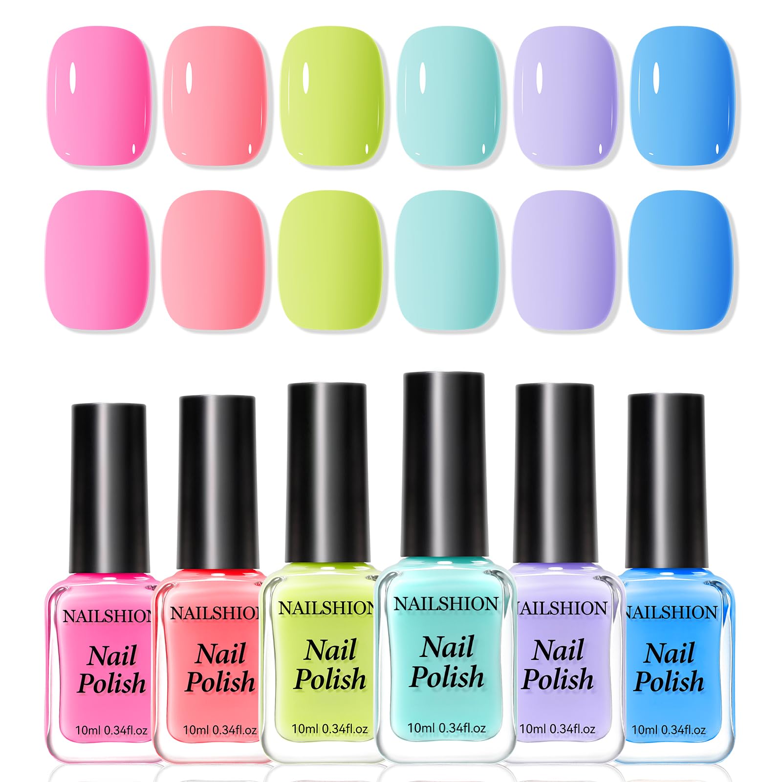 Nailshion front packaging showing six pastel polish bottles, vibrant selection benefit