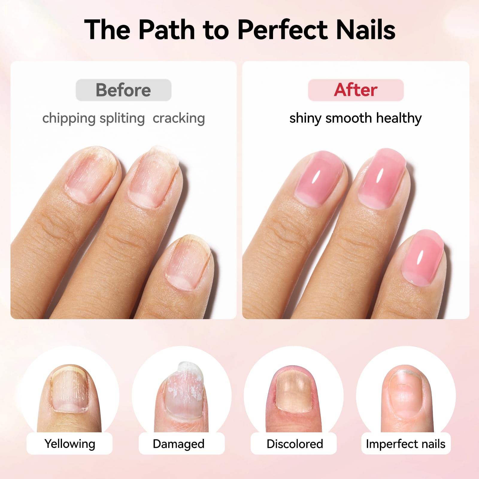 Nailshion sheer pink swatch on nail tip showing brightening benefit
