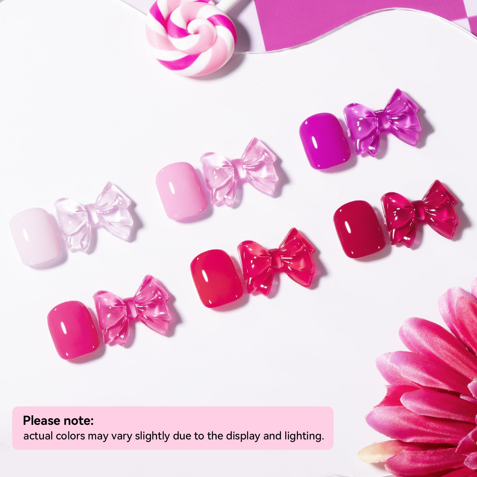 Nailshion six bottles flatlay displaying each pink shade for easy color choice