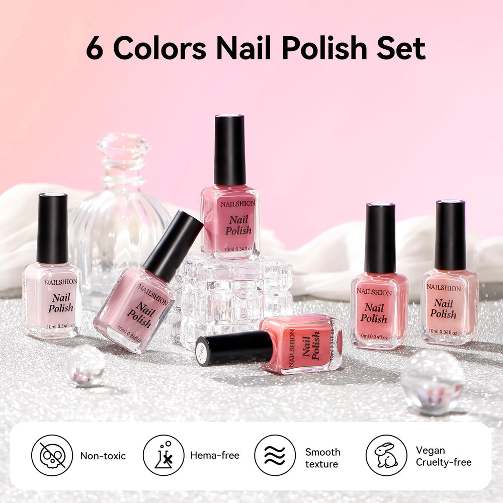 Nailshion bottles next to a hand for scale and true size reference benefit