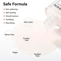 Nailshion bottle beside ruler and hand for scale showing travel-friendly size