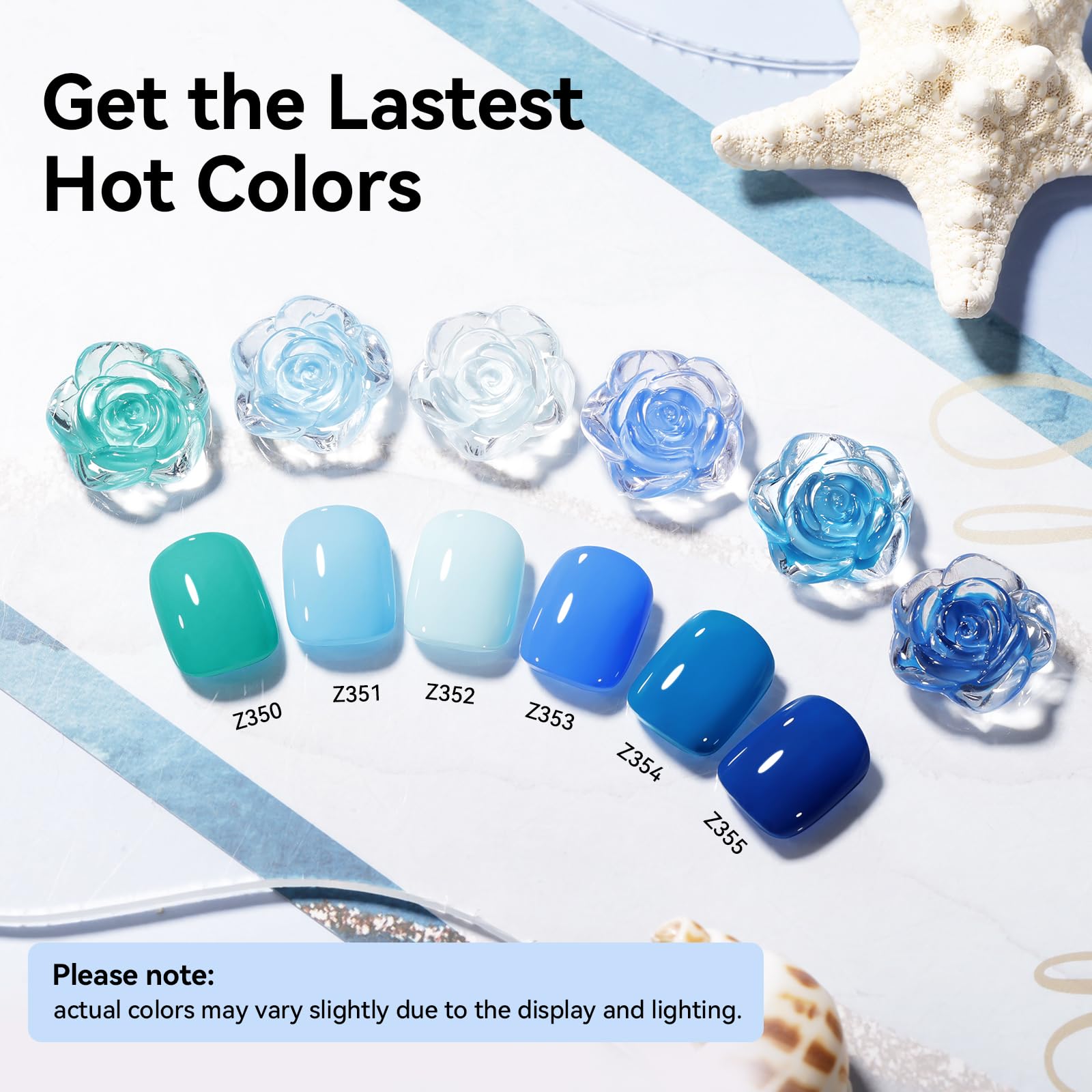 Nailshion gradient swatches of all six blues, clear color selection benefit