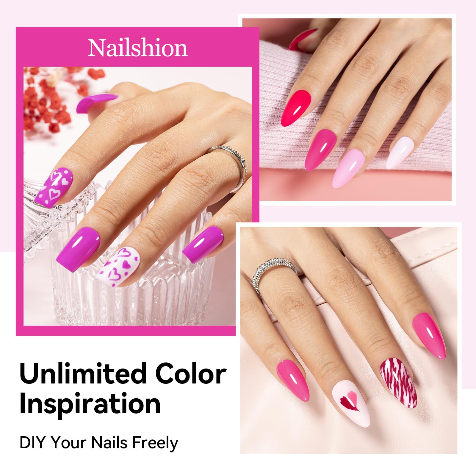 Nailshion swatch strip of six pink shades illustrating true color payoff